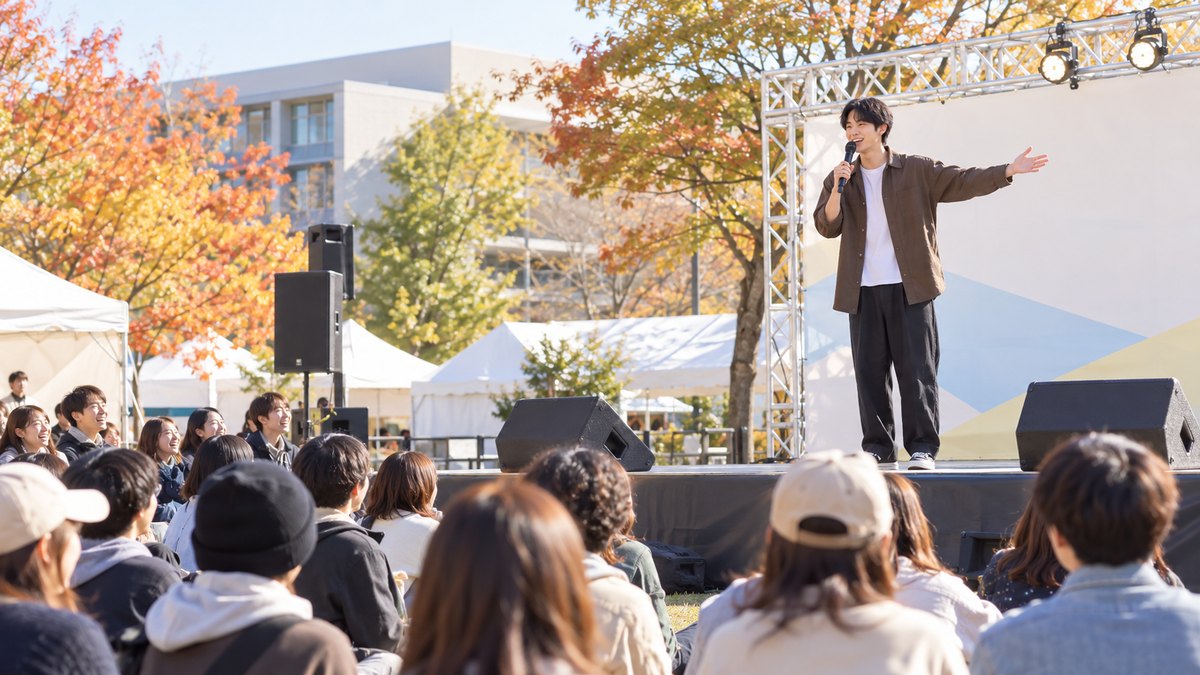 秋の昼、大学の学園祭の野外ステージで、20代前半の男子大学生がハンドマイクを持って司会をしていて、客席の学生たちが笑顔で見ている遠景。ステージや看板に文字は無い
