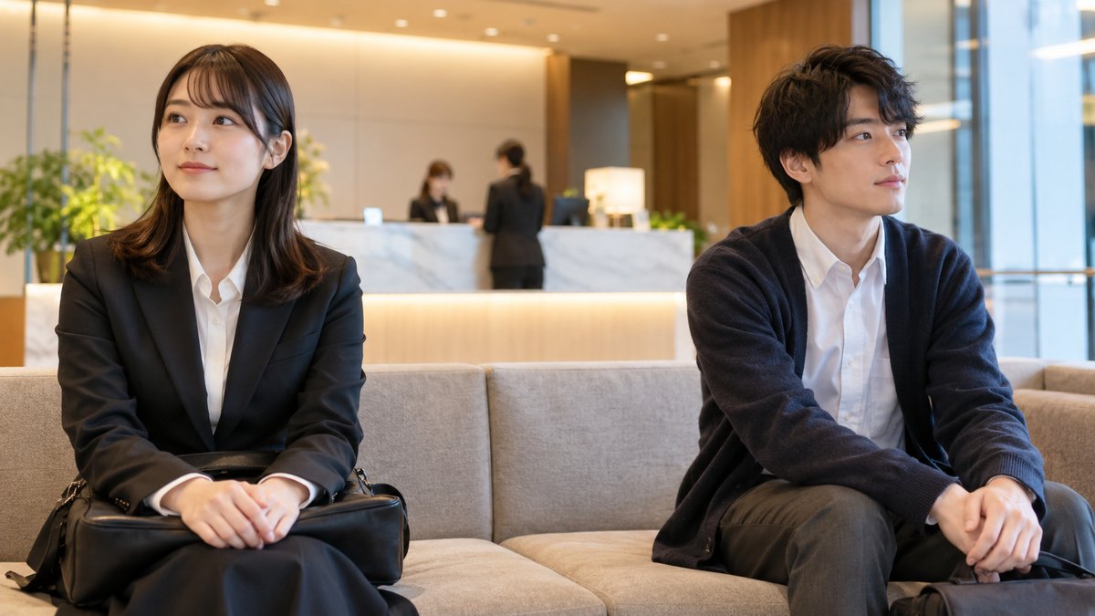 平日の夕方、ビルの中の明るい受付の前のソファで、20代前半の女子大学生がジャケット姿、男子大学生がシャツにカーディガン姿で、少し離れて座り、説明会が始まるのを静かに待っている近景。受付や壁に文字は見えない