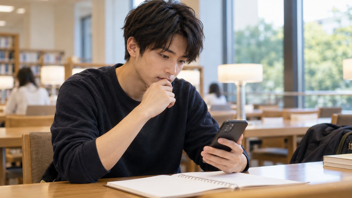 平日の夕方、大学の図書館の明るい閲覧席で、20代前半の男子大学生がスマホを両手で持って画面を見つめ、横に開いたノートを置いて考え込んでいる近景。スマホの画面とノートの文字は見えない