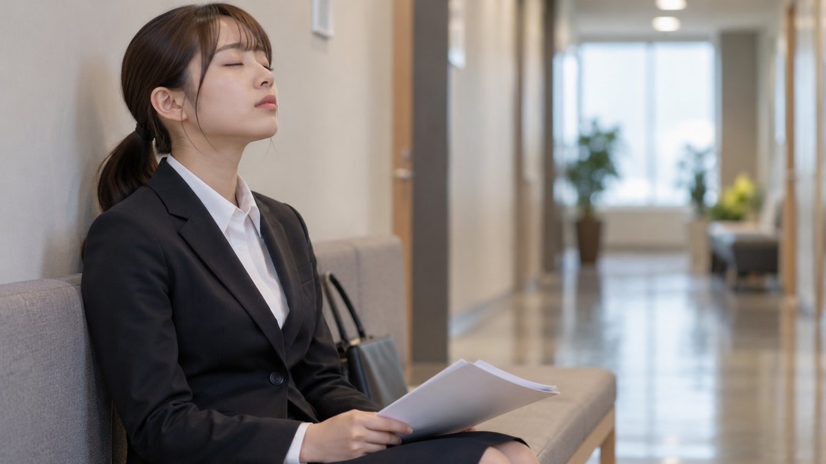 平日の朝、テレビ局の控室の静かな廊下のベンチで、20代前半の女子大学生がスーツ姿で座り、ひざの上に原稿を置いて目を閉じ、ゆっくり息を吐いている近景。原稿や壁に文字は見えない