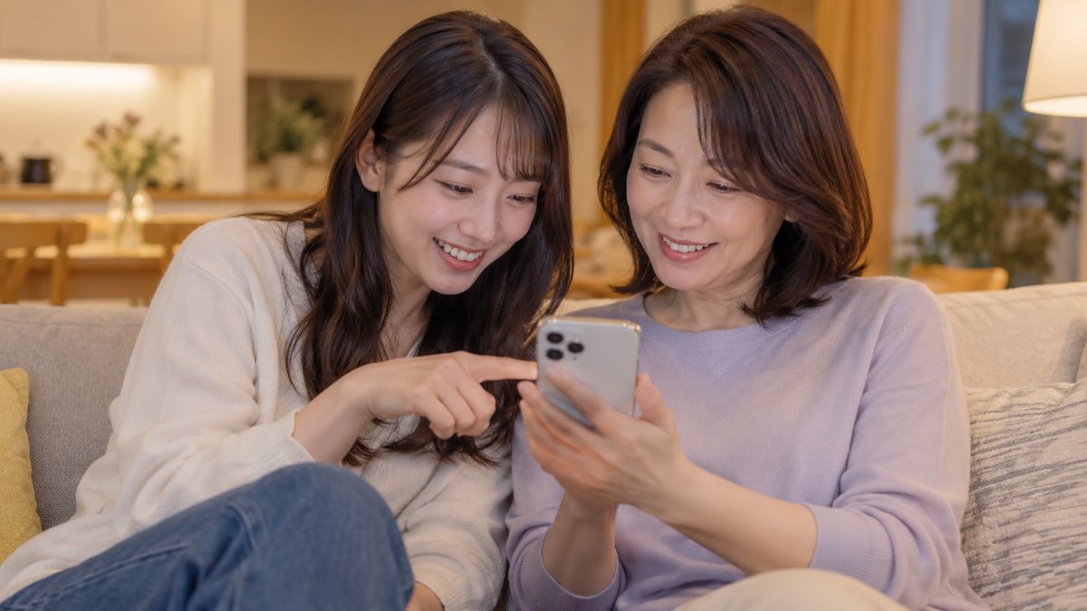 春休みの夜、実家の明るいリビングのソファで、20代前半の女子大学生が50代の母親と並んで座り、スマホの画面を2人でのぞき込みながら予定を話し合っている近景。スマホの画面は見えない角度