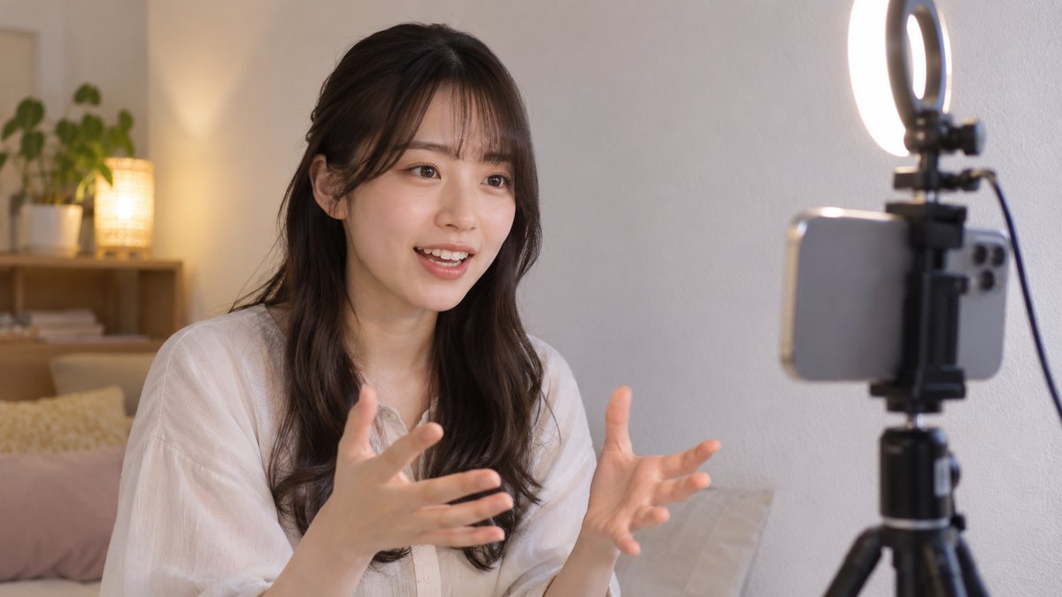 夏の夜、自宅の部屋の白い壁の前で、20代前半の女子大学生がスマホを三脚に立て、小さなリングライトの明かりの下で画面の向こうに話す練習をしている近景。スマホの画面は見えない角度。壁に文字は無い