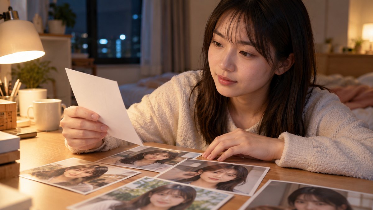 夜、学生寮の部屋の机で、20代前半の女子大学生がプリントした自分の顔写真を何枚か机に並べ、1枚を手に取って見比べている近景。写真に文字は無く、机にも文字は見えない