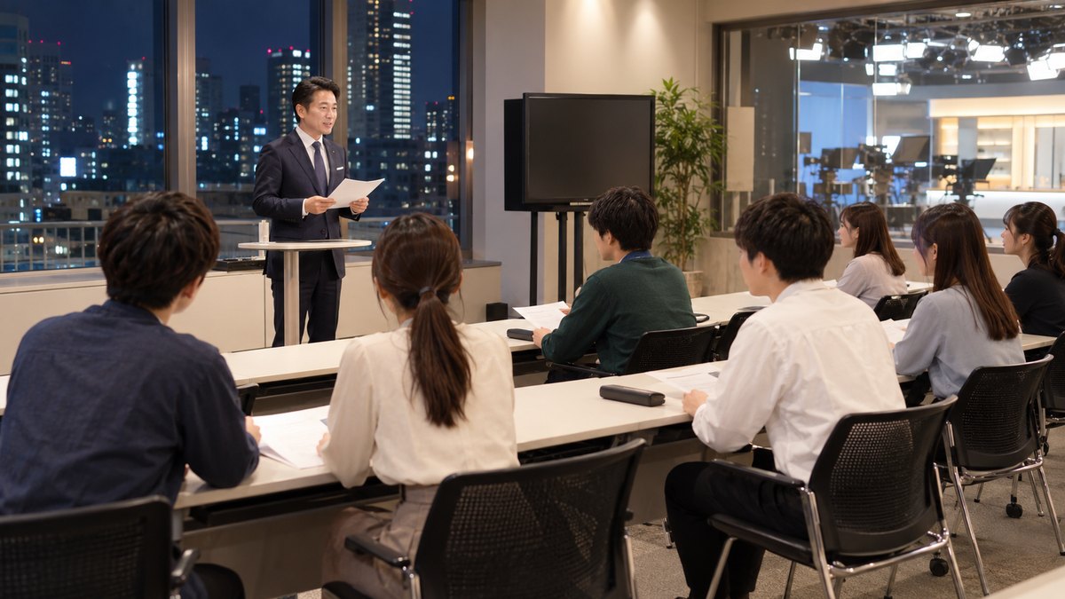 平日の夜、放送局の中にある明るい教室で、20代前半の大学生8人ほどが長机に並んで座り、前に立つ40代の男性アナウンサーの講師の手本の読みを聞いている遠景。原稿や壁に文字は見えない