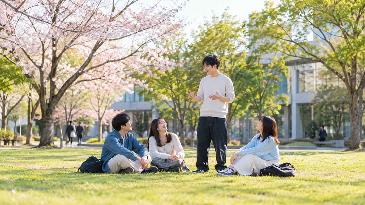 春の午後、大学の芝生の広場で、20代前半の男女4人の大学生が輪になって座り、1人が立ち上がって身ぶりをまじえて話すのを3人が笑顔で聞いている遠景。看板や文字は見えない