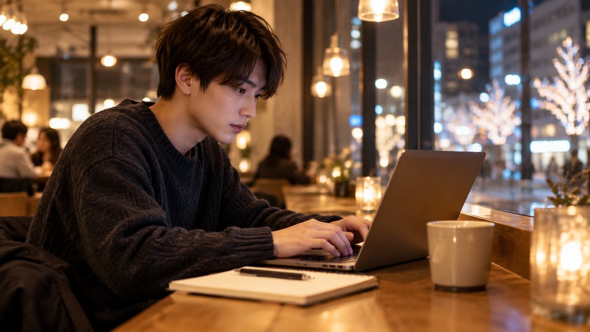 冬の夜、駅前の落ち着いたカフェのカウンター席で、20代前半の男子大学生がノートパソコンを開き、横に置いた紙のメモを見ながら文章を打ち込んでいる近景。パソコンの画面とメモの文字は見えない角度