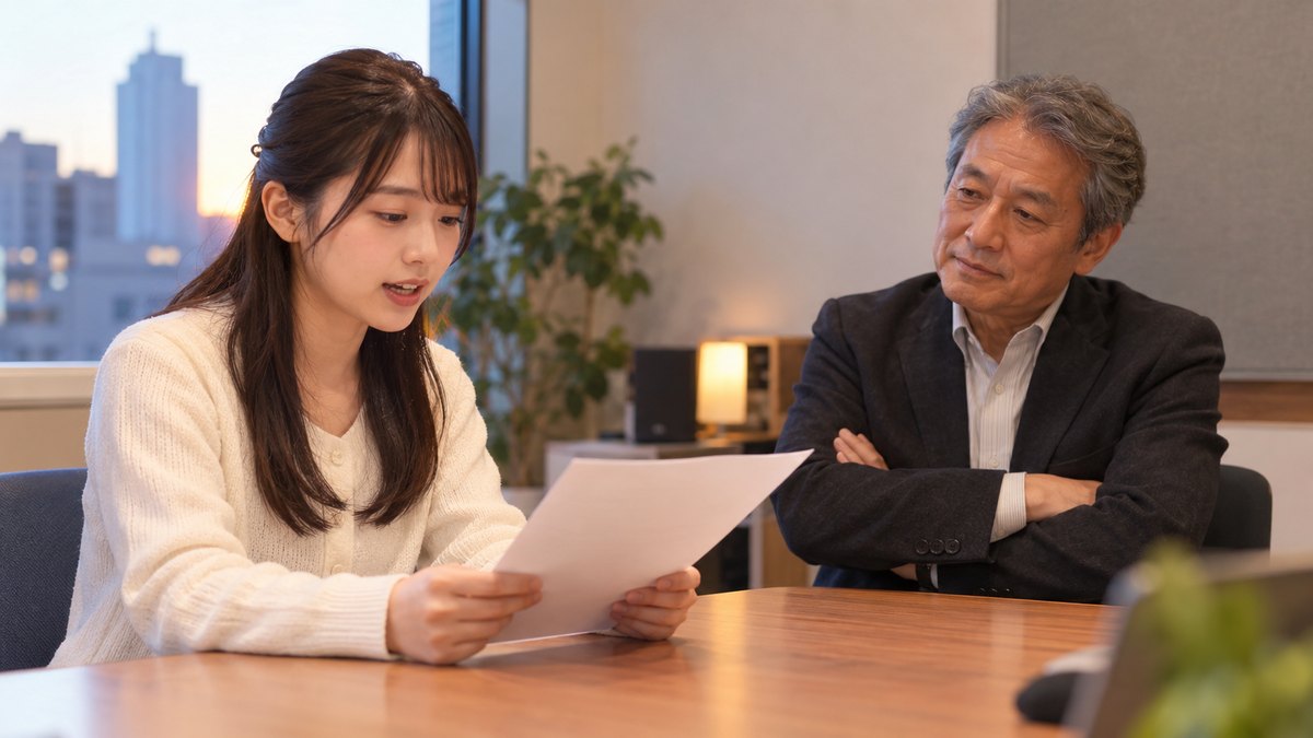 平日の夕方、駅前のビルの小さなアナウンス教室で、20代前半の女子大学生が机に置いた原稿を読み、向かいに座る60代の男性講師が腕を組んでじっと聞いている近景。原稿や壁に文字は見えない