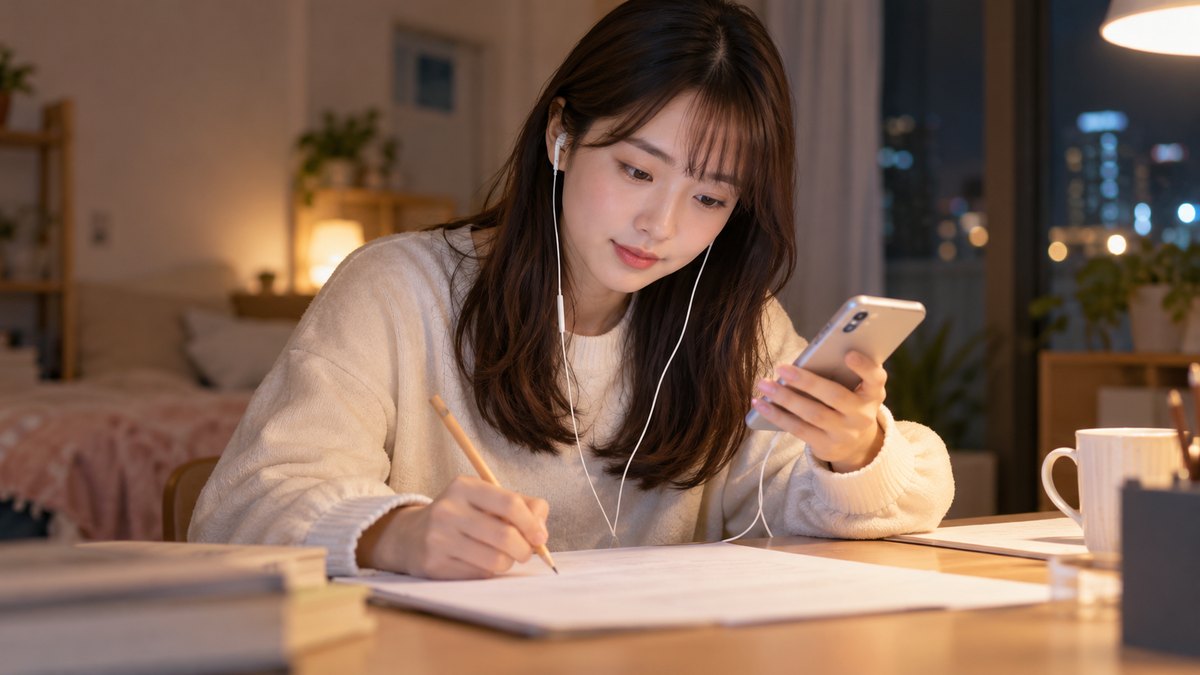 平日の夜、ひとり暮らしの部屋の机で、20代前半の女子大学生がイヤホンをつけ、手に持ったスマホで自分が読んだ声の録音を聞き返しながら、もう片方の手で原稿に鉛筆で印をつけている近景。スマホの画面と原稿の文字は見えない