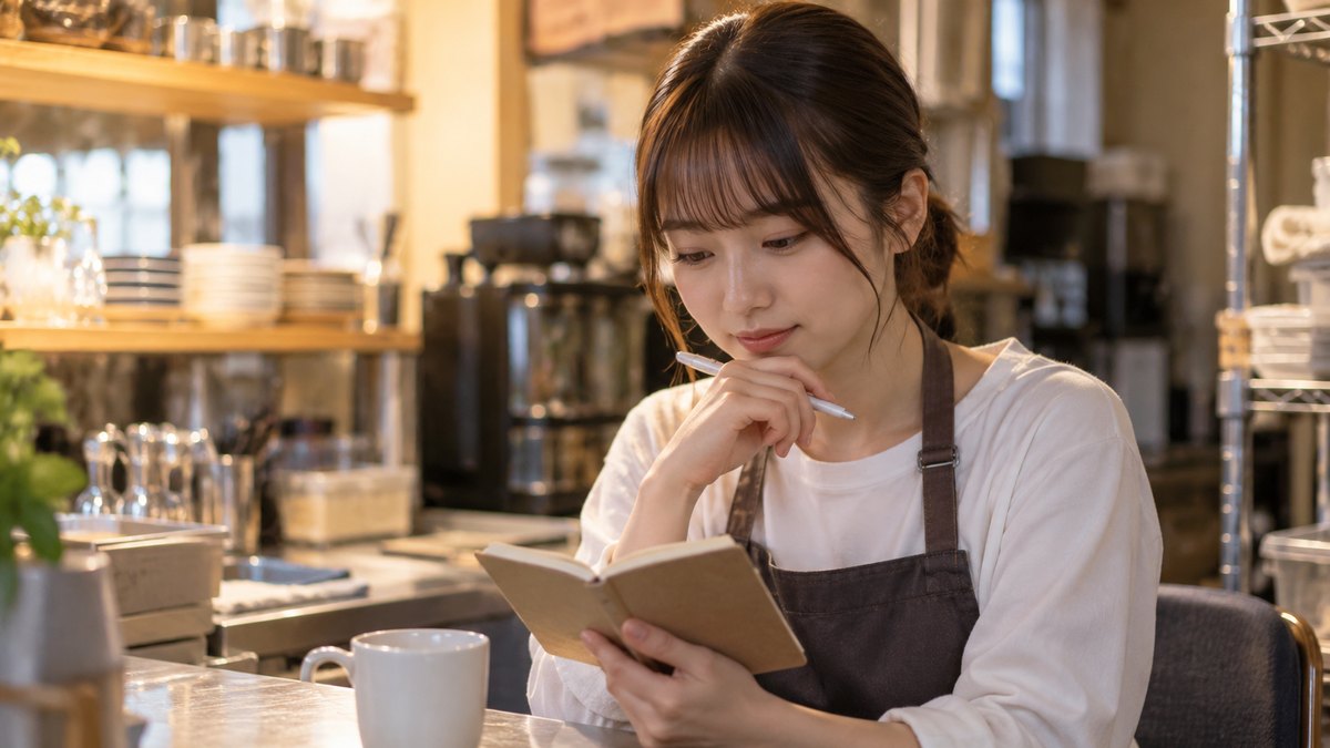 平日の夕方、カフェのバックヤードで、エプロン姿の20代前半の女子大学生が休憩中に小さなノートを開き、ペンで予定を書き出しながら考えている近景。ノートの文字は見えない