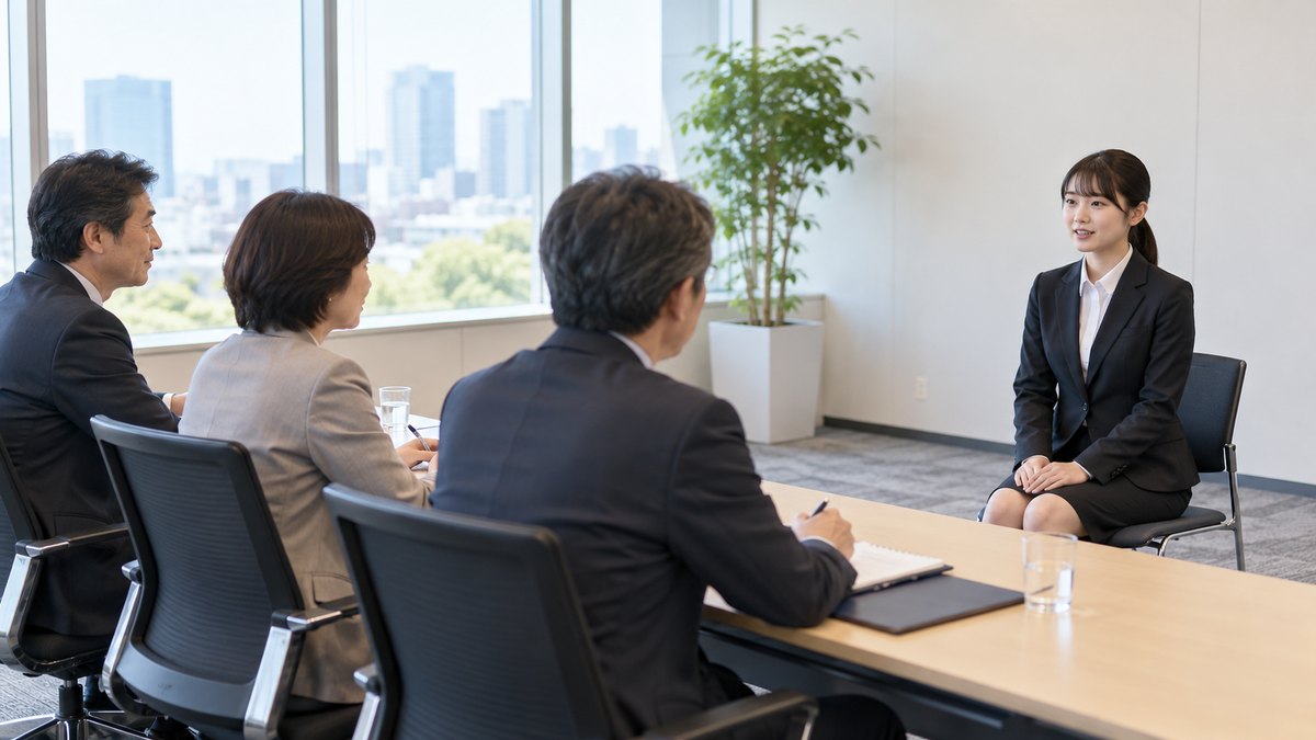 平日の昼、会社の明るい面接室で、20代前半の女子学生がスーツ姿で椅子に座り、机の向こうの40代から50代の面接官3人に落ち着いた表情で答えている遠景。壁や書類に文字は見えない