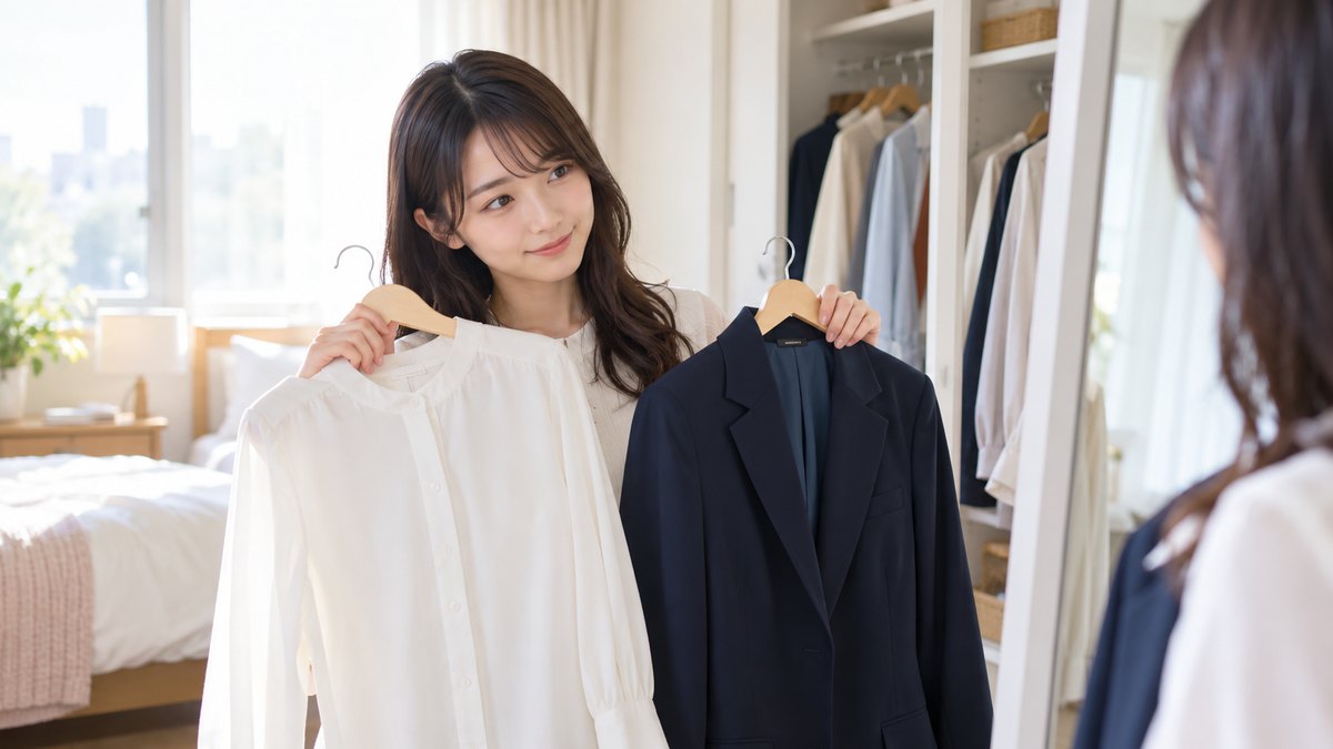 休日の朝、明るい寝室のクローゼットの前で、20代前半の女子大学生が白いブラウスと紺のジャケットをハンガーごと体に当て、姿見で見比べている近景。服や部屋に文字やロゴは無い