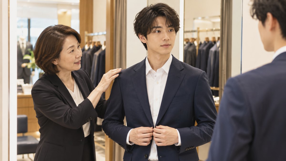 休日の午後、紳士服店の明るい試着スペースで、20代前半の男子大学生が紺のジャケットを試着して鏡の前に立ち、横で50代の女性の店員が肩のあたりを見ながら助言している近景。店内に文字やロゴは見えない