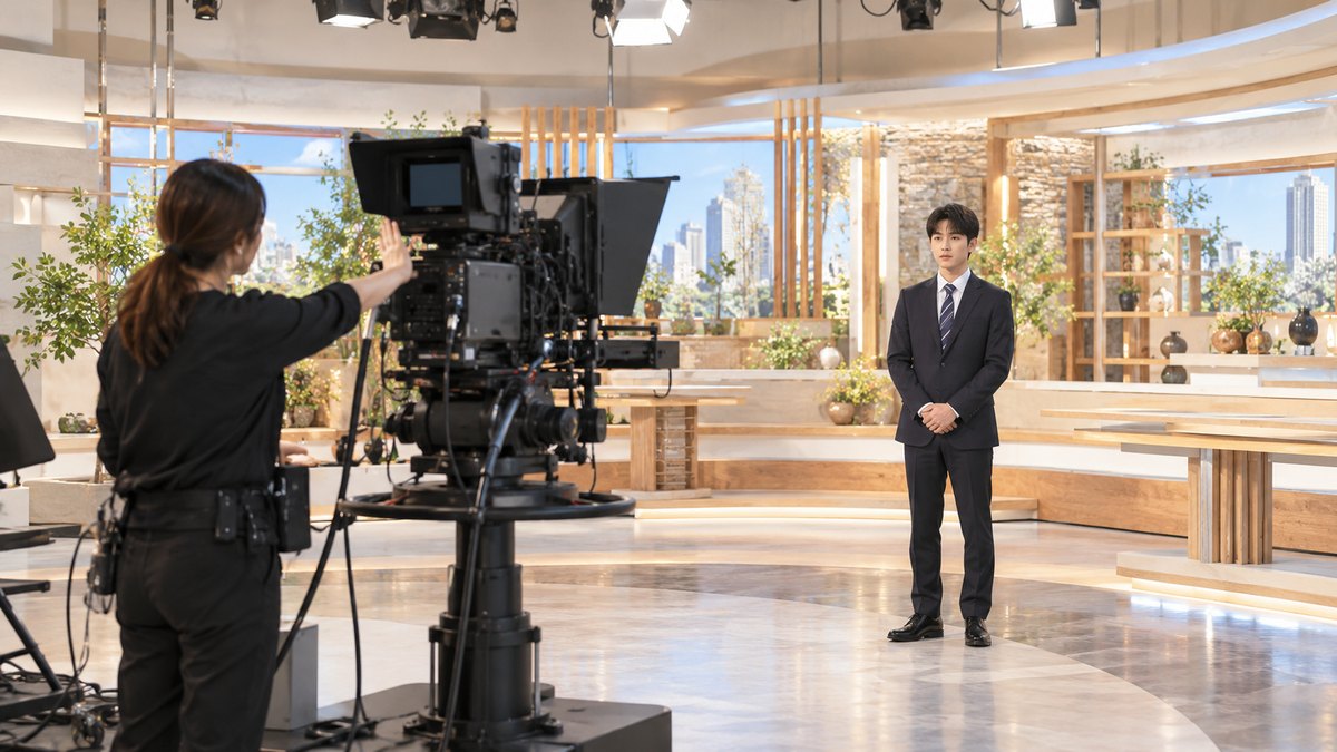 平日の午後、テレビ局のスタジオで、20代前半の男子大学生がスーツ姿で大きなスタジオカメラの前に立ち、少し緊張した表情で正面を見ていて、横で30代の女性のカメラマンが位置を手で合図している遠景。カメラやセットに文字やロゴは無い