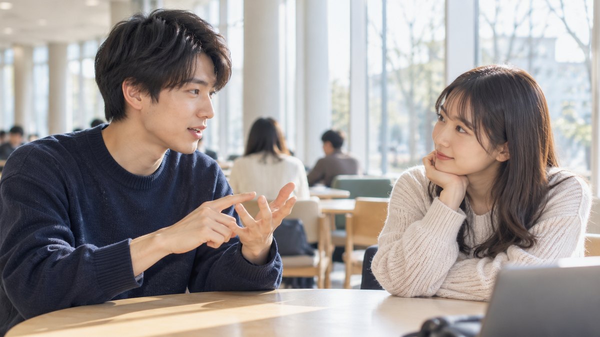 冬の午後、大学の明るいラウンジで、20代前半の男女2人の大学生がテーブルをはさんで向かい合い、1人が指を折りながら話すのを、もう1人がうなずいて聞いている近景。テーブルや壁に文字は見えない