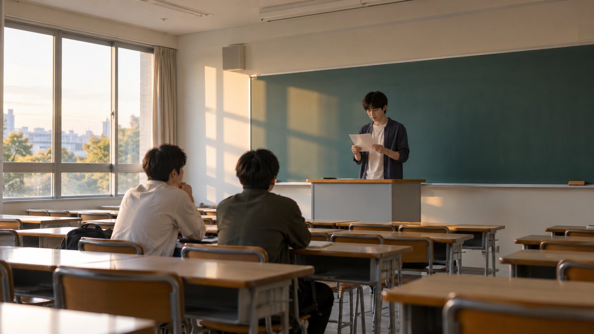 平日の夕方、大学の空き教室で、20代前半の男子大学生が教卓の前に立って1枚の原稿を読み上げ、前の席に座った友人2人が真剣に聞いている遠景。黒板や原稿に文字は見えない