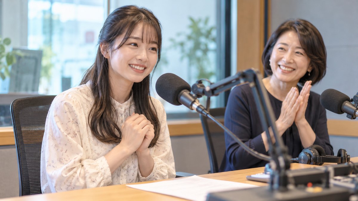 平日の午後、ラジオの体験講座の明るいスタジオで、20代前半の女子大学生がマイクの前で話し終えてほっとした笑顔を見せ、横の50代の女性講師が小さく拍手している近景。機材や壁に文字は見えない