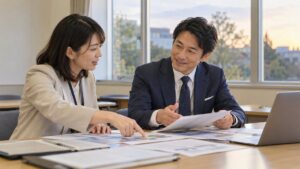 大学の会議室で、資料を見せ合いながら話すゲスト講師の男性アナウンサーとキャリアセンターの女性職員