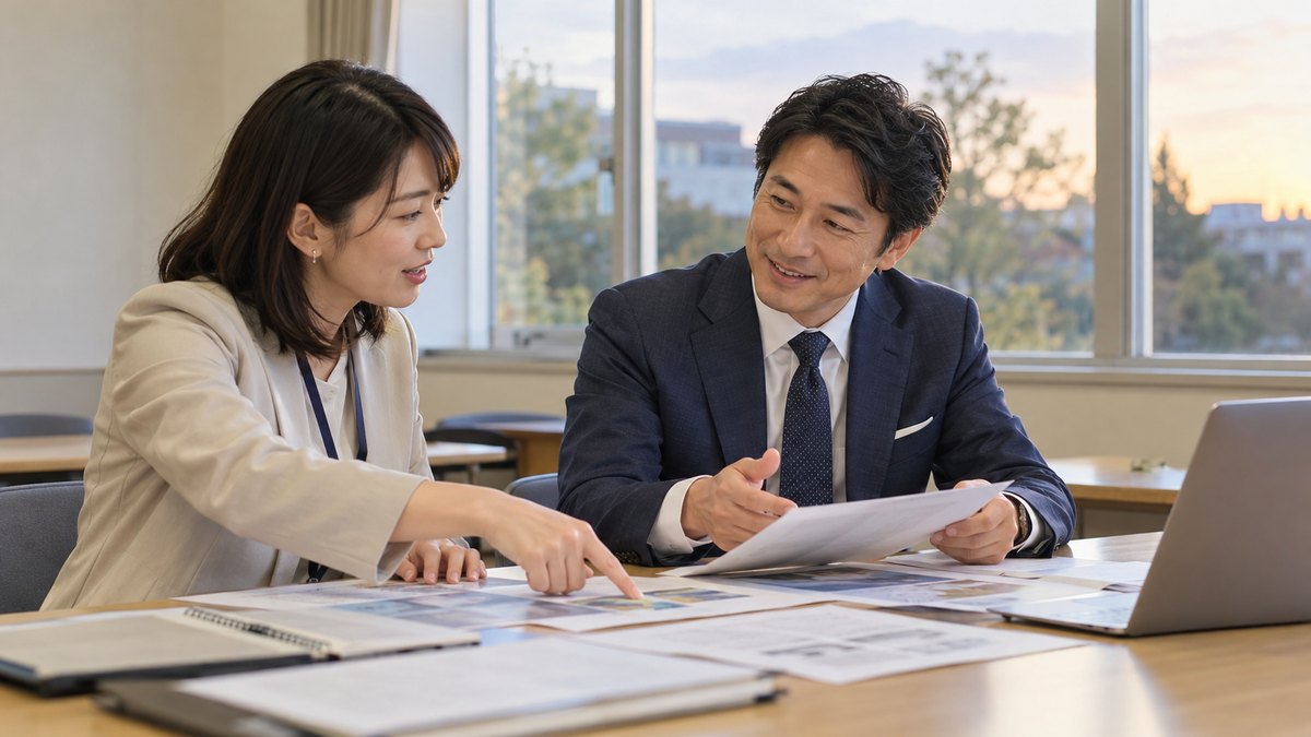 大学の会議室で、資料を見せ合いながら話すゲスト講師の男性アナウンサーとキャリアセンターの女性職員