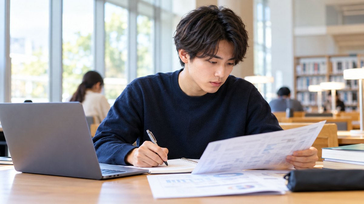 平日の午後、大学の図書館の明るい閲覧席で、20代前半の男子大学生がノートパソコンの横に資料を広げ、真剣な表情で表を見比べながらメモを取っている近景。資料の文字は読めないほどぼけていて、パソコンの画面は見えない角度。棚や壁に文字は見えない