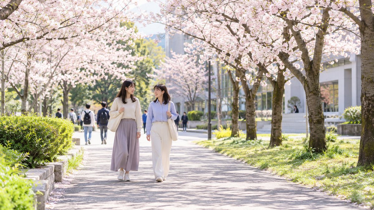 春の昼、大学のキャンパスの桜並木の道で、20代前半の女子大学生2人がトートバッグを肩にかけて並んで歩きながら、楽しそうに話している遠景。看板や建物に文字は見えない