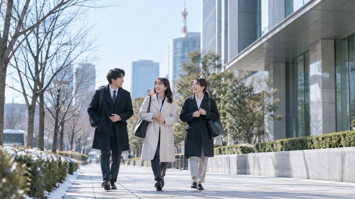 冬の朝、オフィス街の放送局の社屋に向かう歩道で、コート姿の20代の新入社員の男女3人が並んで歩きながら、少し緊張した笑顔で話している遠景。建物や看板の文字は見えない