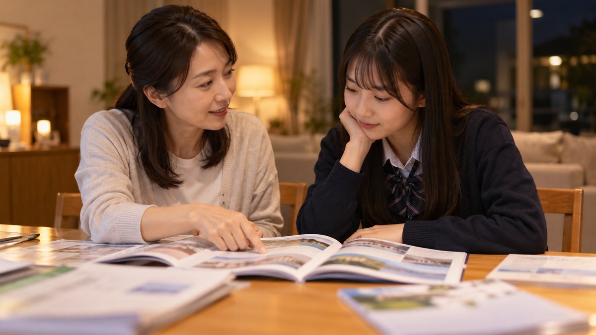 夜、自宅のリビングのダイニングテーブルで、40代の母親と高校生の娘が並んで座り、大学のパンフレットを何冊か広げて見比べながら、母親が穏やかに話しかけている近景。パンフレットの文字は読めないほどぼけている