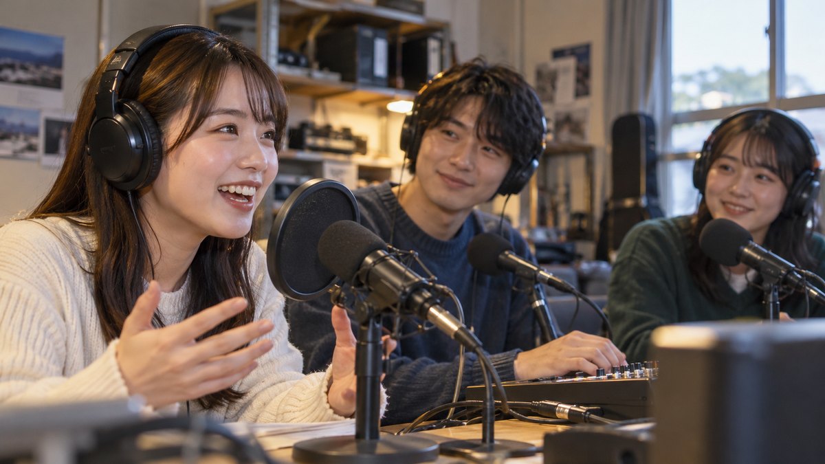 平日の夕方、大学の放送研究会の部室で、男女の大学生3人が音響の機材の前に座り、ヘッドホンをつけて学内ラジオの収録をしていて、1人がマイクに向かって楽しそうに話している近景。機材や壁に文字は見えない