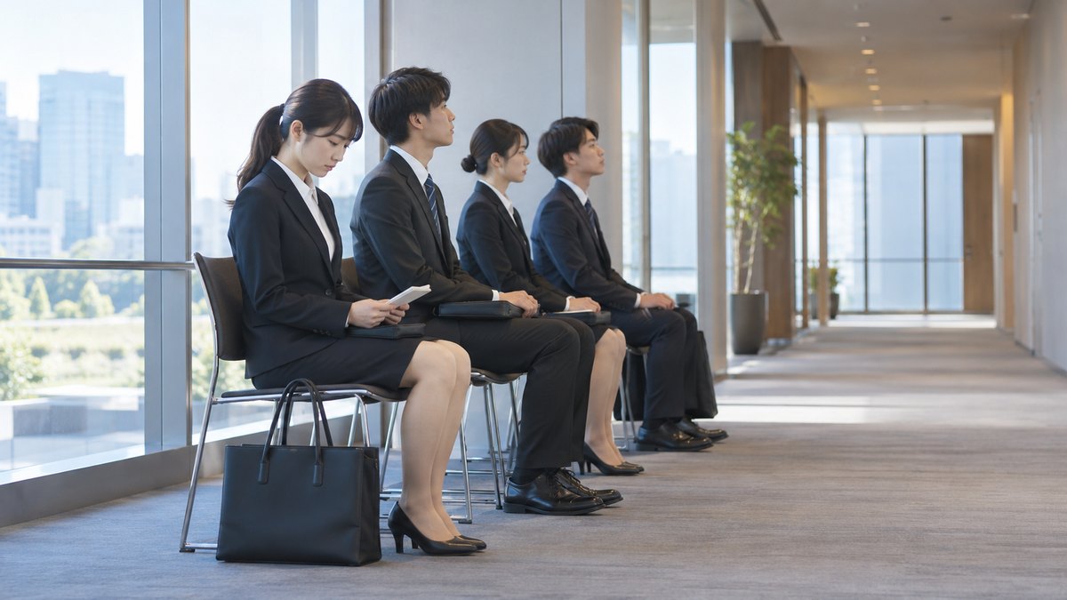 平日の朝、ビルの廊下に並べた椅子で、スーツ姿の20代前半の男女の就職活動生4人が順番を待っていて、1人の女性が手元のメモを見ながら静かに深呼吸している遠景。掲示物や扉に文字は見えない