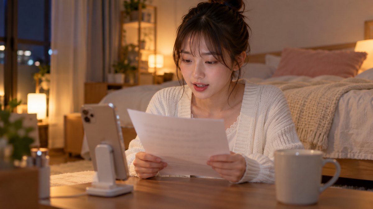夜、ワンルームの自分の部屋で、20代前半の女子大学生がベッドの横のローテーブルの前に座り、スマホを立てて録音しながら、手元の原稿を声に出して読んでいる近景。白いカーディガン姿。スマホの画面は見えない角度。原稿の文字は読めないほどぼけている