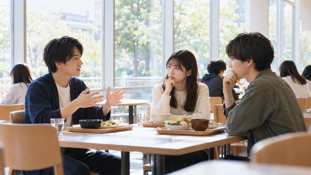 平日の昼、大学の学生食堂の窓ぎわの席で、20代前半の男女の学生3人がトレーを前に向かい合って座り、1人の男子学生が身ぶりをまじえて話し、2人が考えこむ表情で聞いている遠景。メニューや掲示物の文字は見えない
