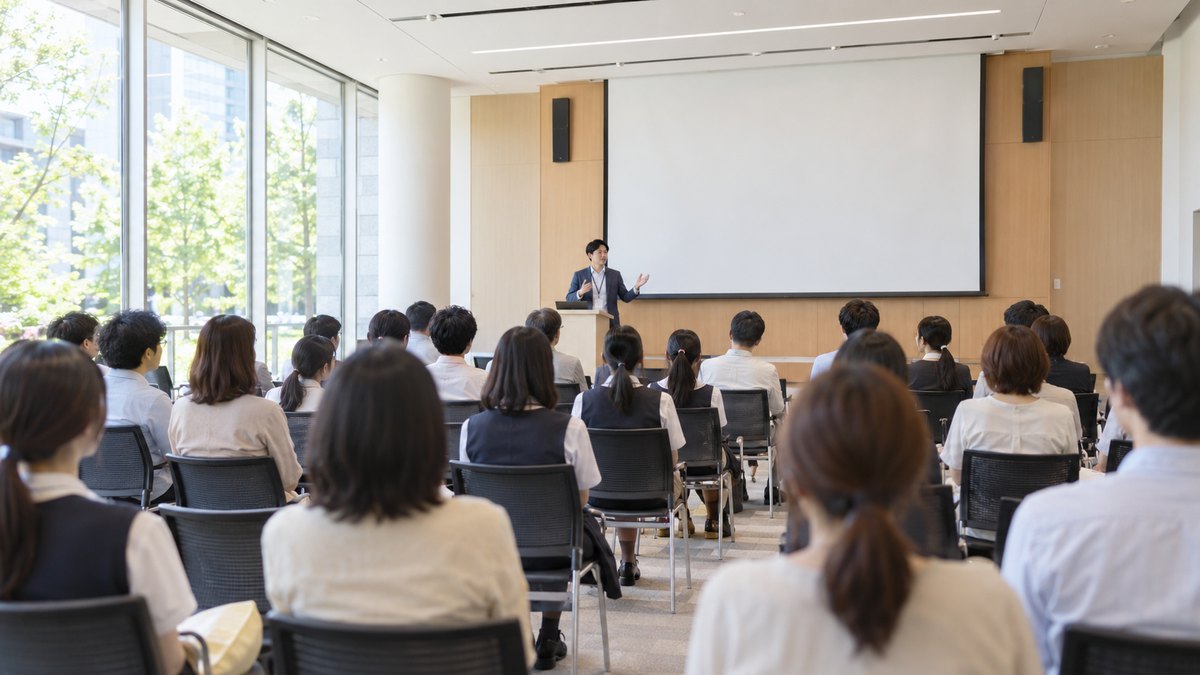 週末の昼、大学のオープンキャンパスの説明会場で、30代の男性職員が前に立って身ぶりをまじえて説明し、高校生と保護者30人ほどが椅子に座って聞いている、会場の後ろから見た遠景。スクリーンや壁に文字は見えない