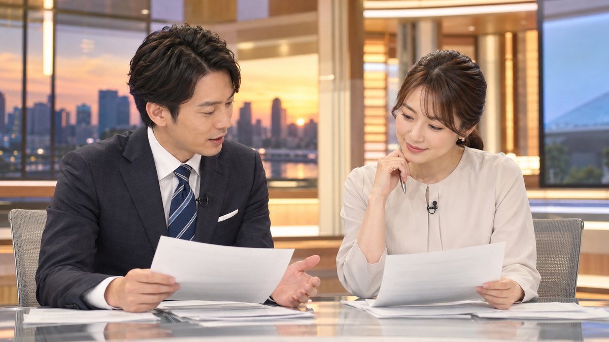夕方、テレビ局のニュース番組のスタジオで、30代の男性アナウンサーと30代の女性アナウンサーがキャスター席に並んで座り、本番前に手元の原稿を確認しながら言葉を交わしている近景。原稿やモニター、背景に文字は見えない