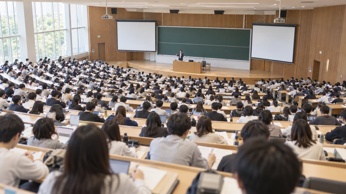 平日の午前、大学の大講義室で、すり鉢状の座席に数百人の学生が座ってノートを取りながら講義を聞いている、教室の後ろの高い位置から見た遠景。黒板やスクリーンに文字は見えない