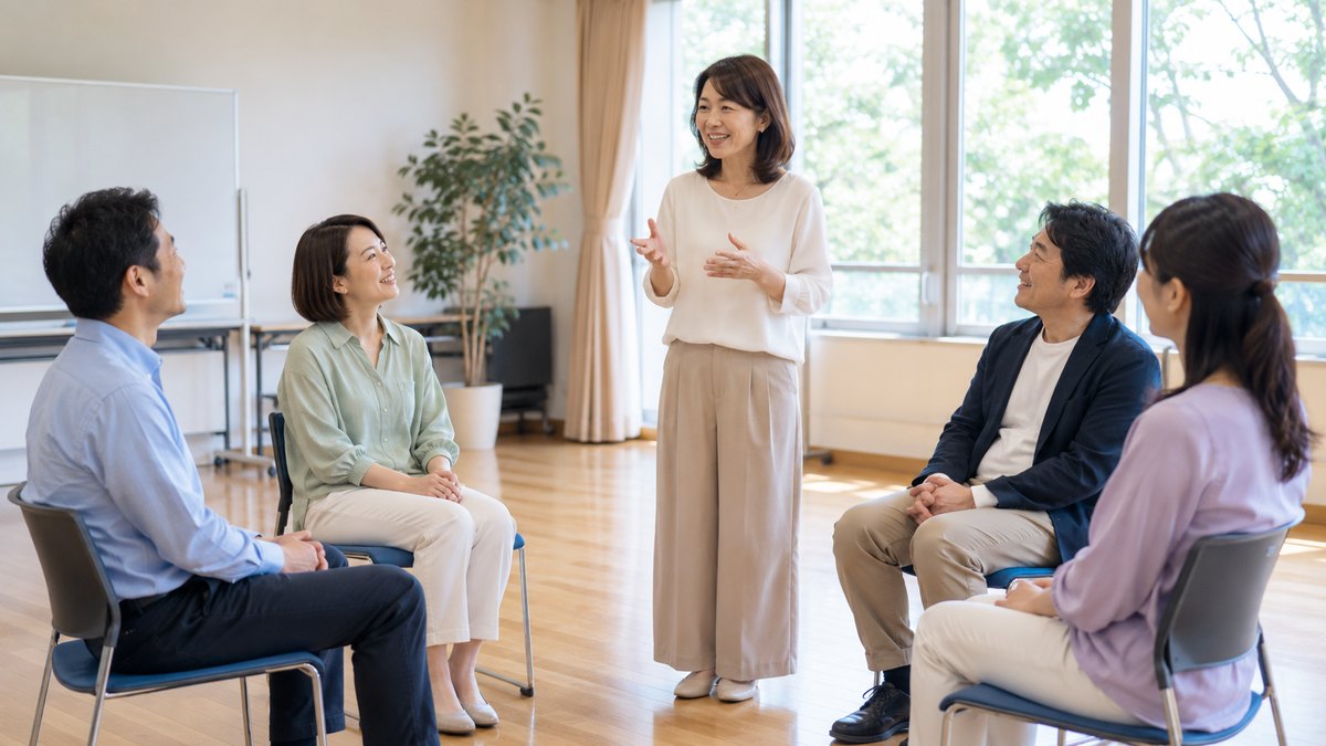 週末の午後、地域のコミュニティセンターの明るい洋室で、30代から50代の社会人5人が椅子を輪に並べて座り、1人の40代の女性が立って短いスピーチをしていて、仲間がほほえんで聞いている遠景。壁や掲示物に文字は見えない