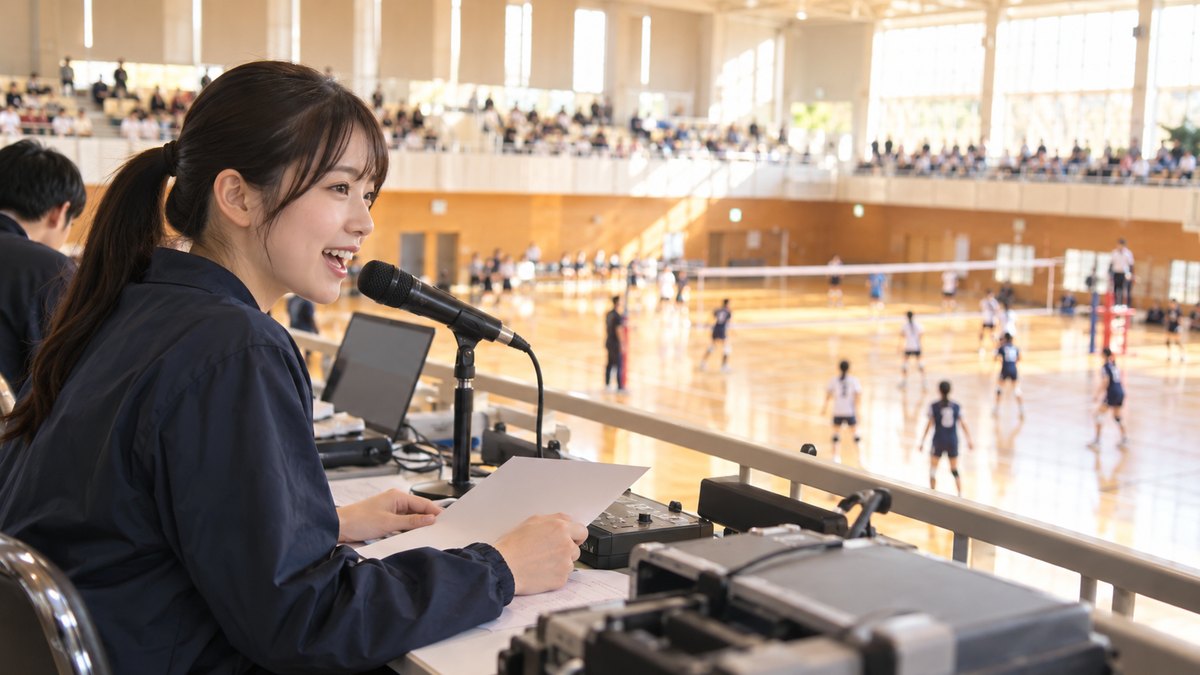 秋の昼、大学の体育館で開かれたスポーツ大会で、20代前半の女子大学生が館内の放送席に座ってマイクに向かって場内アナウンスをしていて、奥のコートで学生たちが試合をしている遠景。横断幕や掲示物の文字は見えない