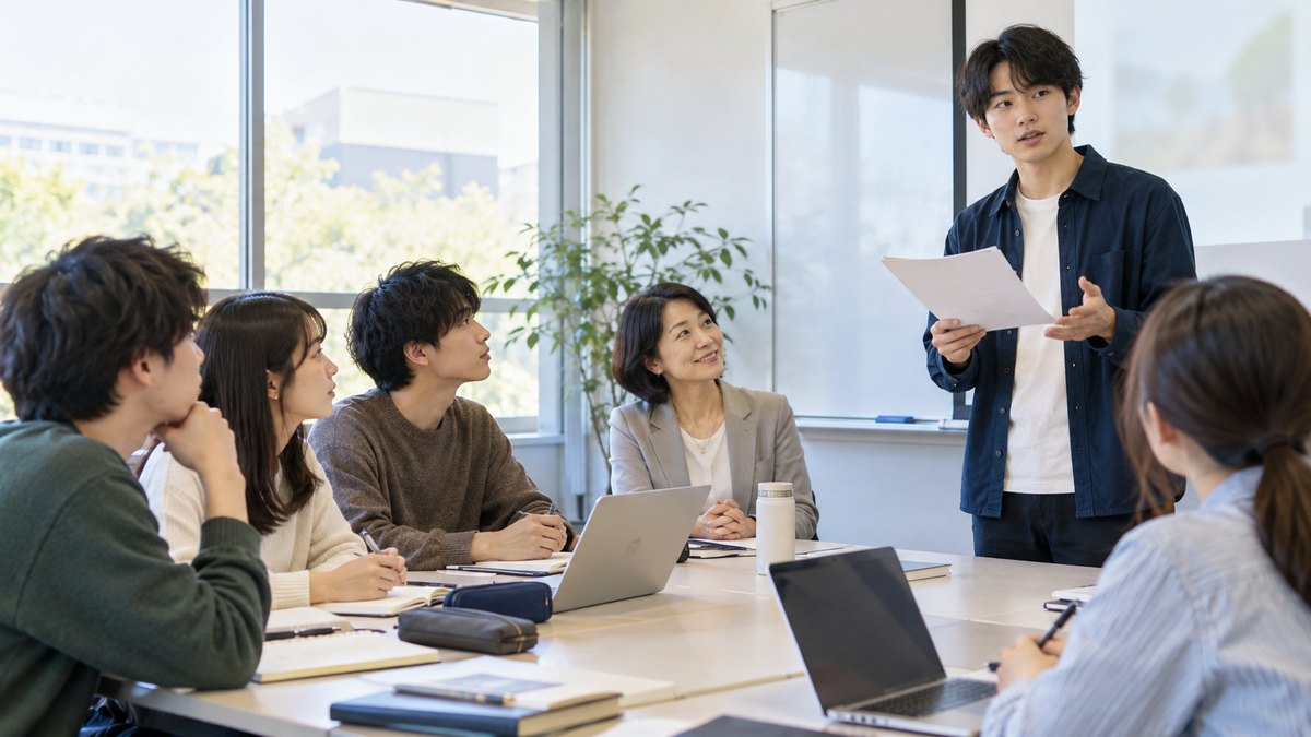 平日の午前、大学のゼミ室で、20代前半の男子大学生が前に立って資料を手に発表していて、長机に座ったゼミの仲間4人と50代の女性の教授がうなずきながら聞いている近景。スクリーンや資料に文字は見えない