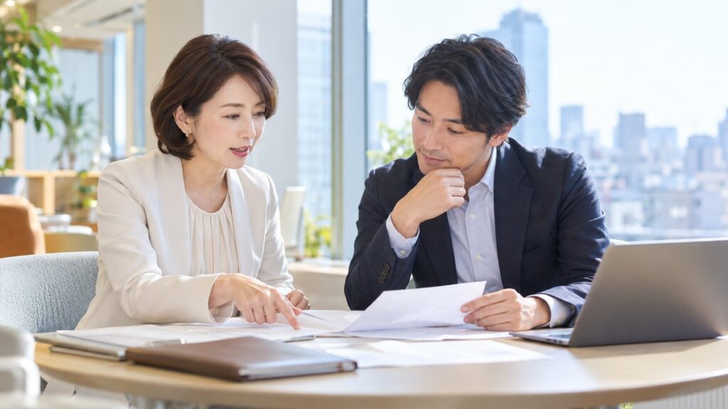 放送局の打ち合わせスペースで、原稿を見せ合いながら話す女性アナウンサーと男性ディレクター
