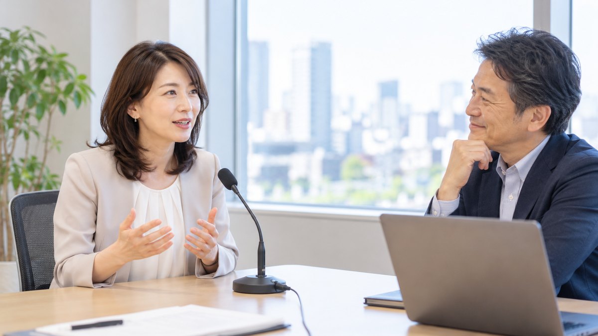 研修ルームで卓上マイクの前に座り、男性講師に話し方の助言を受けながら話す女性会社員