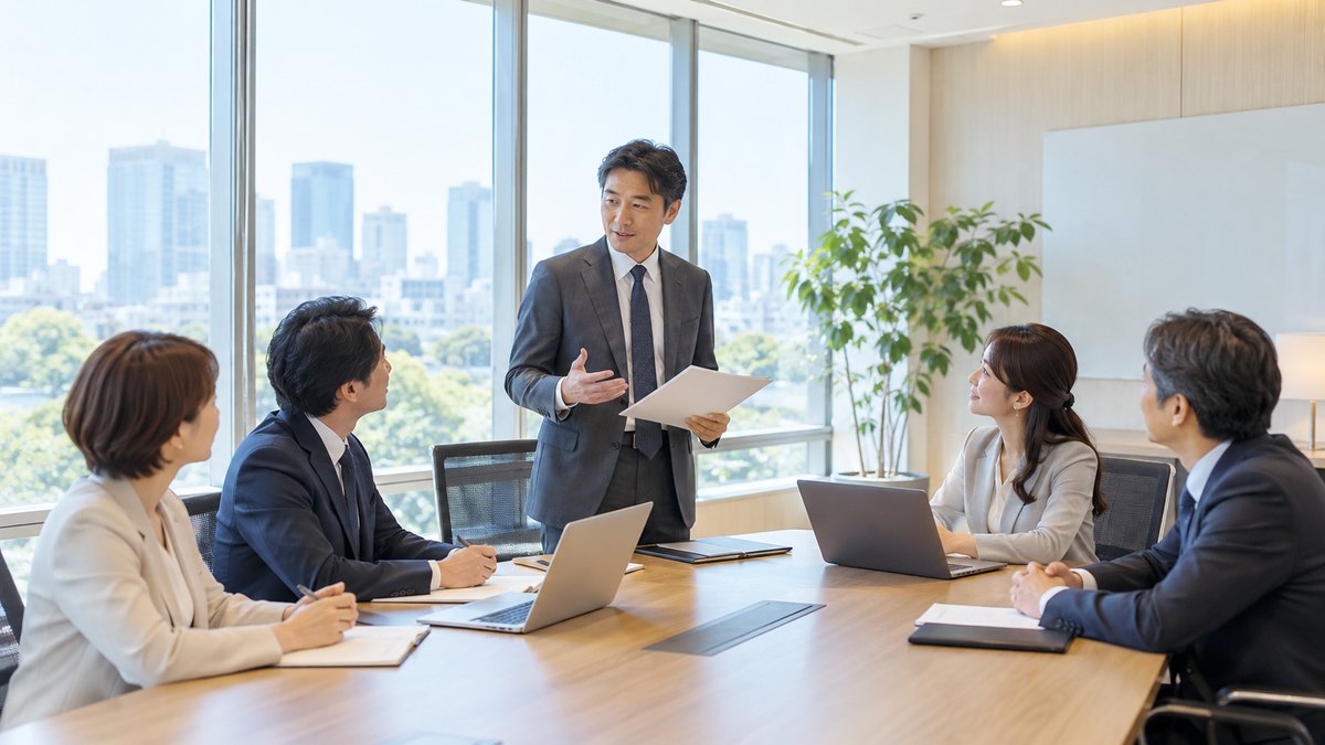 平日の午前、明るい会議室で、40代の男性会社員が立って資料を手に、テーブルを囲む30代から50代の同僚4人に向けて落ち着いた表情で話している遠景。同僚はうなずきながら聞いている。資料や壁に文字は見えない