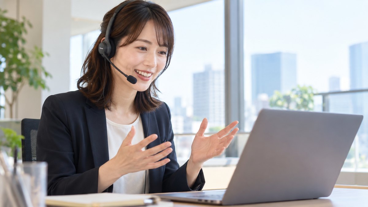 平日の午後、オフィスの窓ぎわのデスクで、30代の女性会社員がヘッドセットをつけてノートパソコンのオンライン会議に向かい、手ぶりをまじえてほほえみながら話している近景。パソコンの画面は見えない角度。壁や資料に文字は見えない
