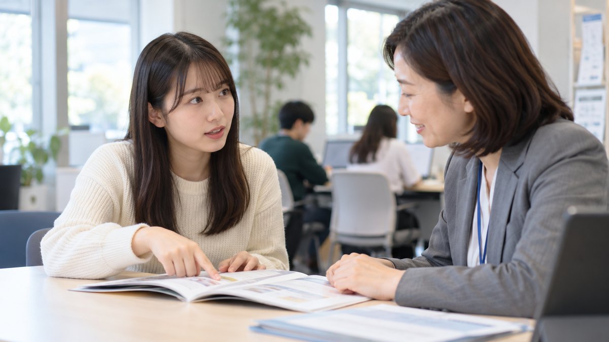 平日の昼、大学のキャリアセンターの明るい相談コーナーで、20代前半の女子大学生が机に置いた募集の冊子を指さし、向かいに座る40代の女性の職員に質問している近景。冊子や壁の文字は見えない