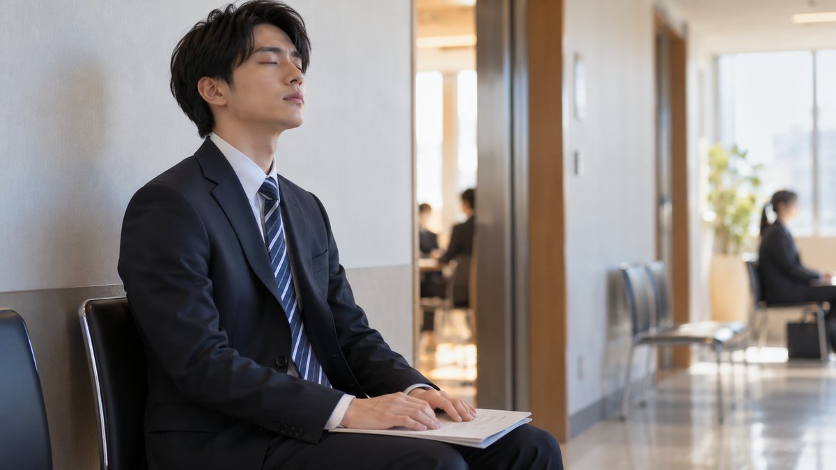 平日の朝、テレビ局の面接会場の前の静かな廊下で、20代前半の男性の受験者がスーツ姿で椅子に浅く座り、ひざの上の書類に手を置いて目を閉じ、ゆっくり息を吐いている近景。壁や書類に文字は見えない