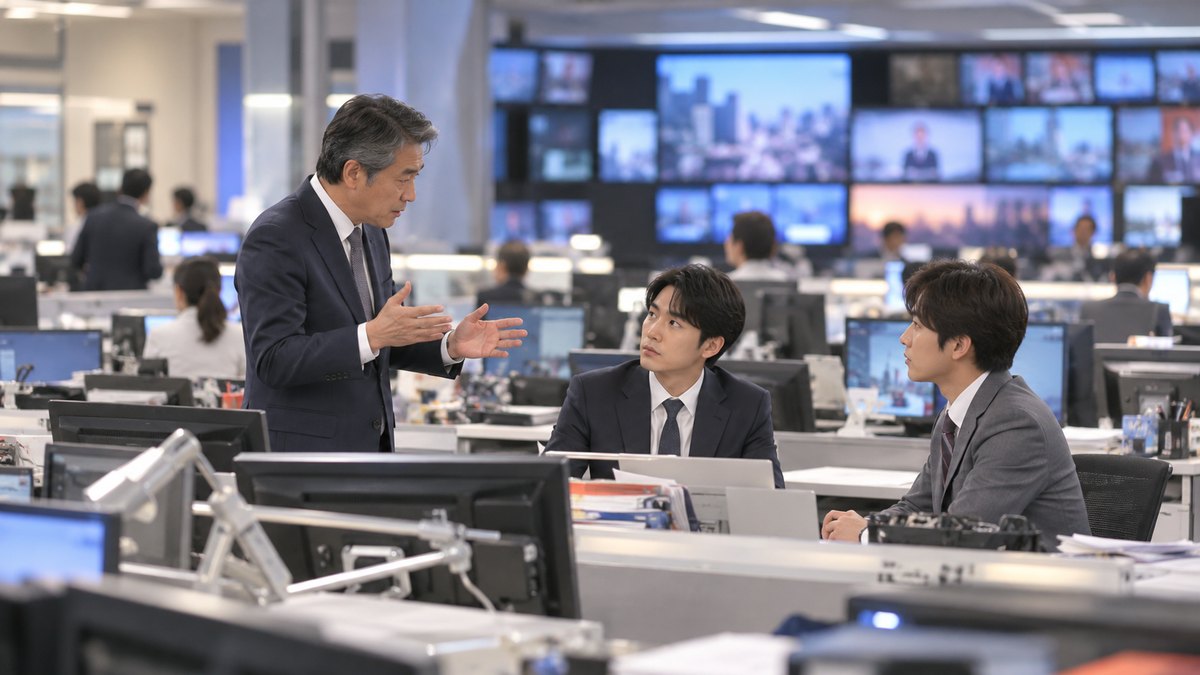 平日の夕方、放送局のニュースセンターの広いフロアで、50代の男性のベテランアナウンサーが立ったまま、デスクに座る20代後半の男性2人の若手アナウンサーに身ぶりをまじえて話していて、若手は真剣な表情で聞いている遠景。後ろにモニターの並ぶ壁がぼけて見える。画面や壁の文字は見えない