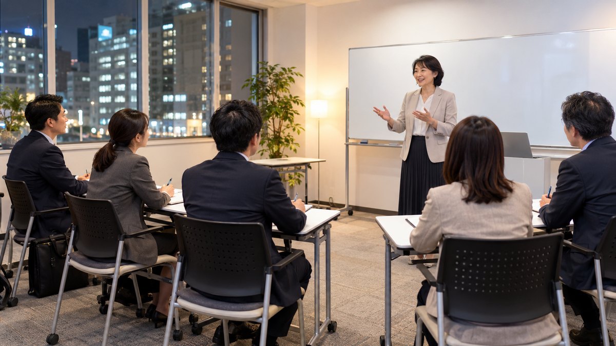 平日の夜、駅前の雑居ビルの明るい小さな教室で、仕事帰りのスーツ姿の30代から50代の男女5人が半円に座り、前に立つ50代の女性講師の話を聞きながらメモを取っている遠景。壁やホワイトボードに文字は見えない