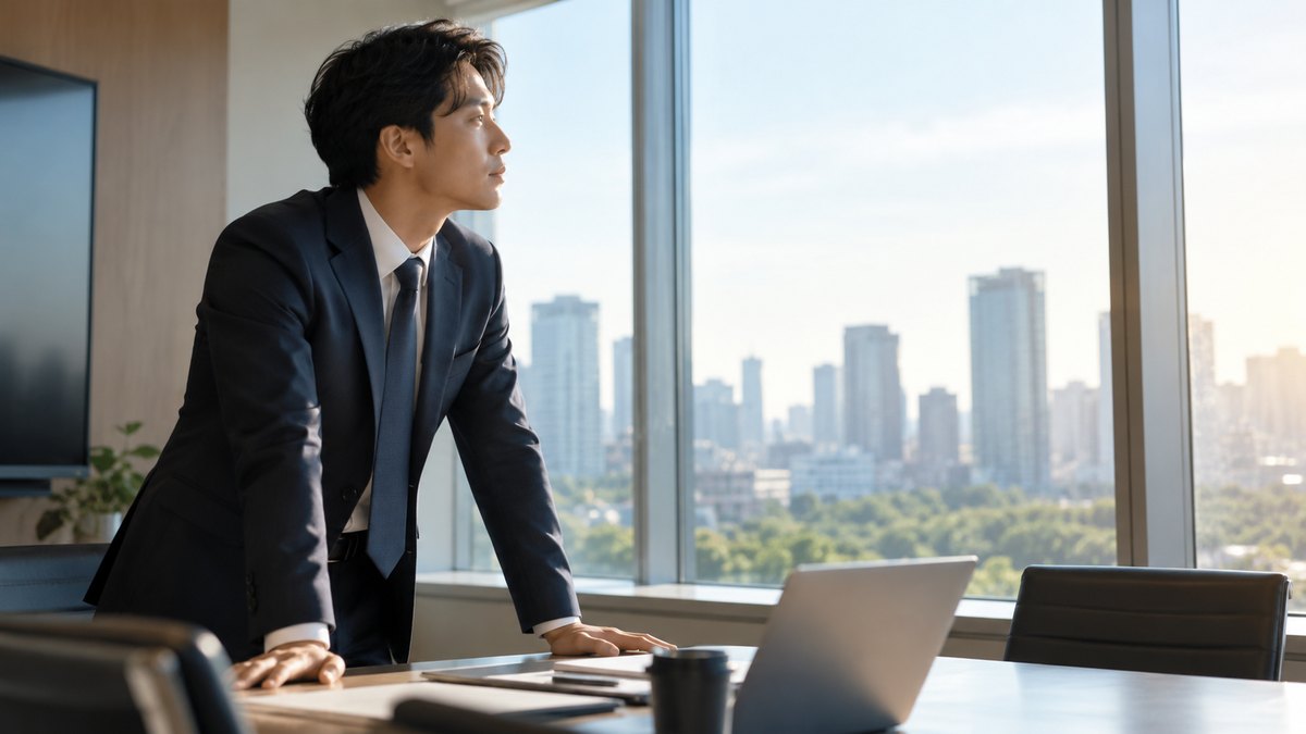 平日の朝、オフィスビルの静かな会議室で、プレゼンの直前の30代の男性会社員がテーブルに手をついて立ち、窓の外を見ながらゆっくり息を吐いている近景。テーブルの上の資料とパソコンの文字は見えない