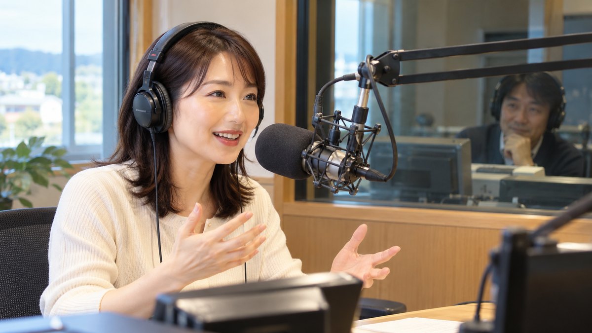 平日の昼、地方のラジオ局の小さなブースで、30代の女性パーソナリティがヘッドホンをつけて大きなマイクに向かい、ほほえみながら身ぶりをまじえて話している近景。ガラス越しに40代の男性ディレクターが見守っている。機材や壁に文字は見えない