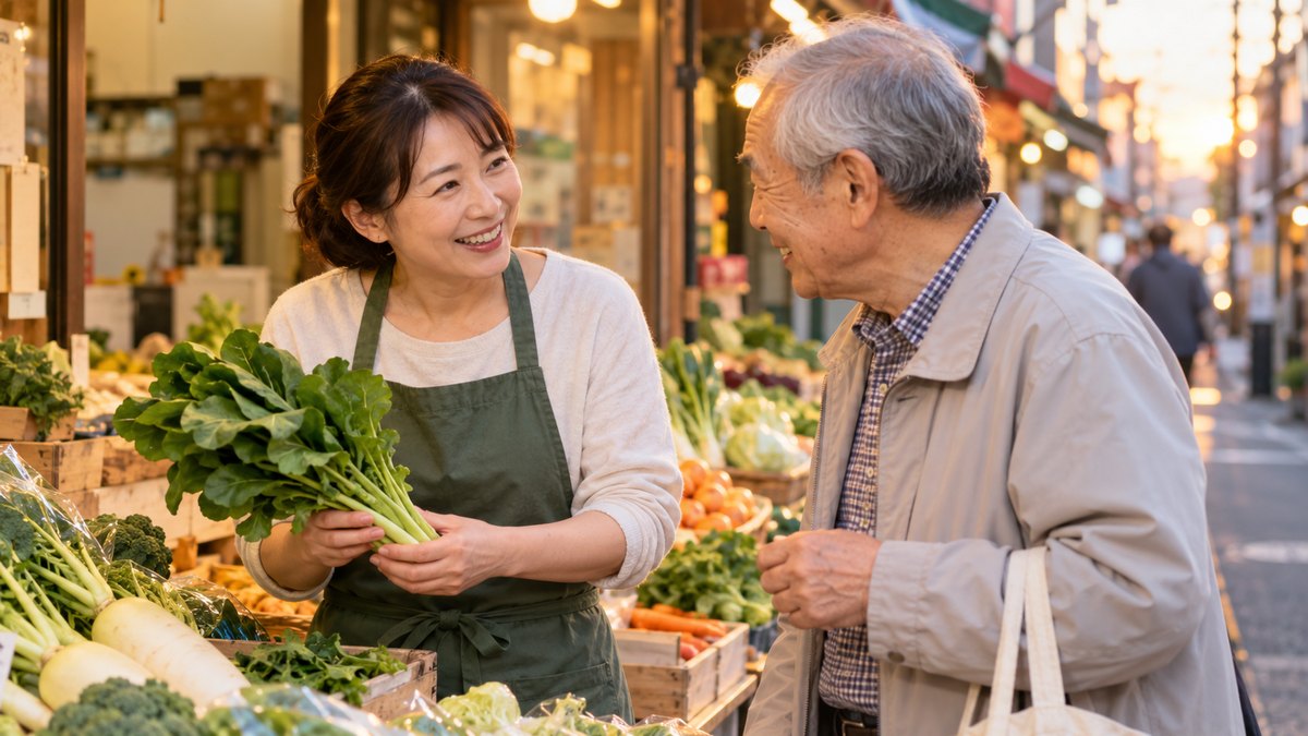 夕方、下町の商店街の八百屋の店先で、40代の女性店主がエプロン姿で野菜を手に、買い物に来た70代の男性のお客さんに笑顔で話しかけていて、お客さんもほほえんで聞いている近景。店の看板や値札の文字は見えない