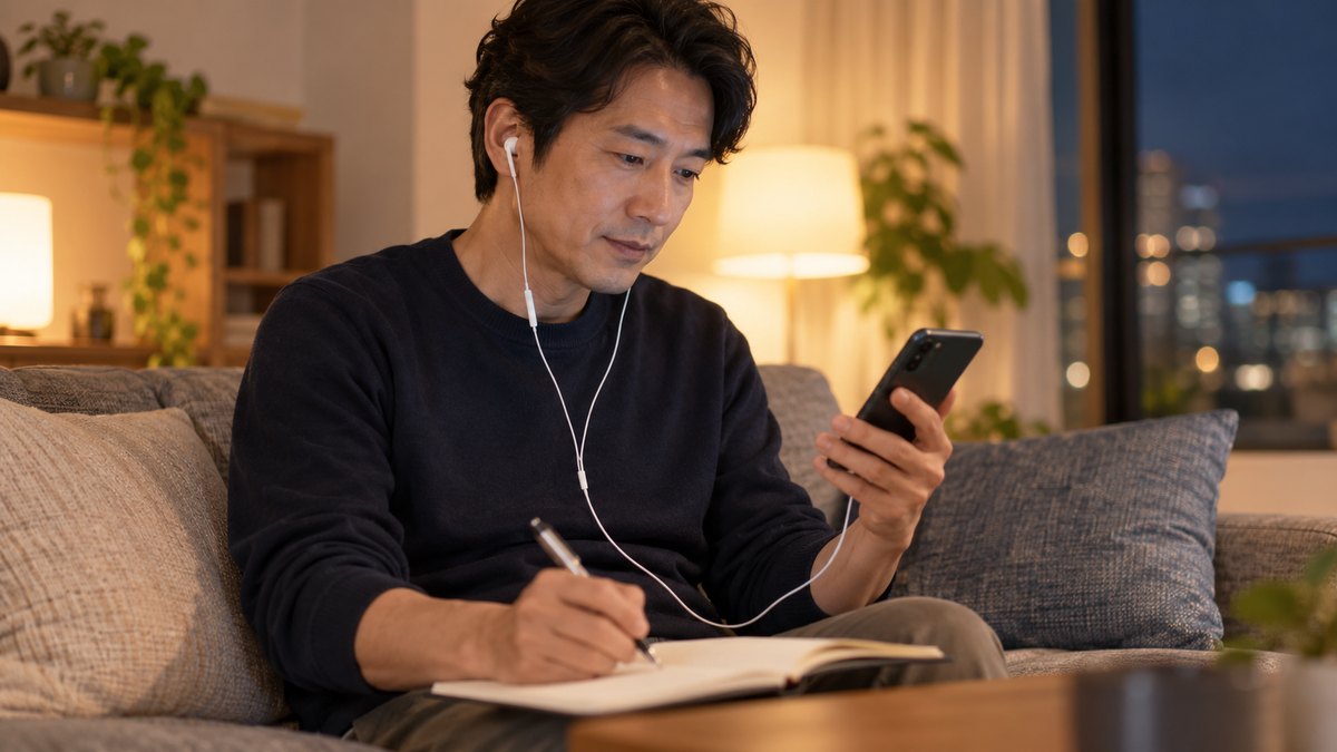 平日の夜、マンションのリビングのソファで、40代の男性がイヤホンをつけてスマホを手に持ち、自分の声の録音を聞き返しながらノートにメモを取っている近景。スマホの画面は見えない角度。ノートの文字は見えない