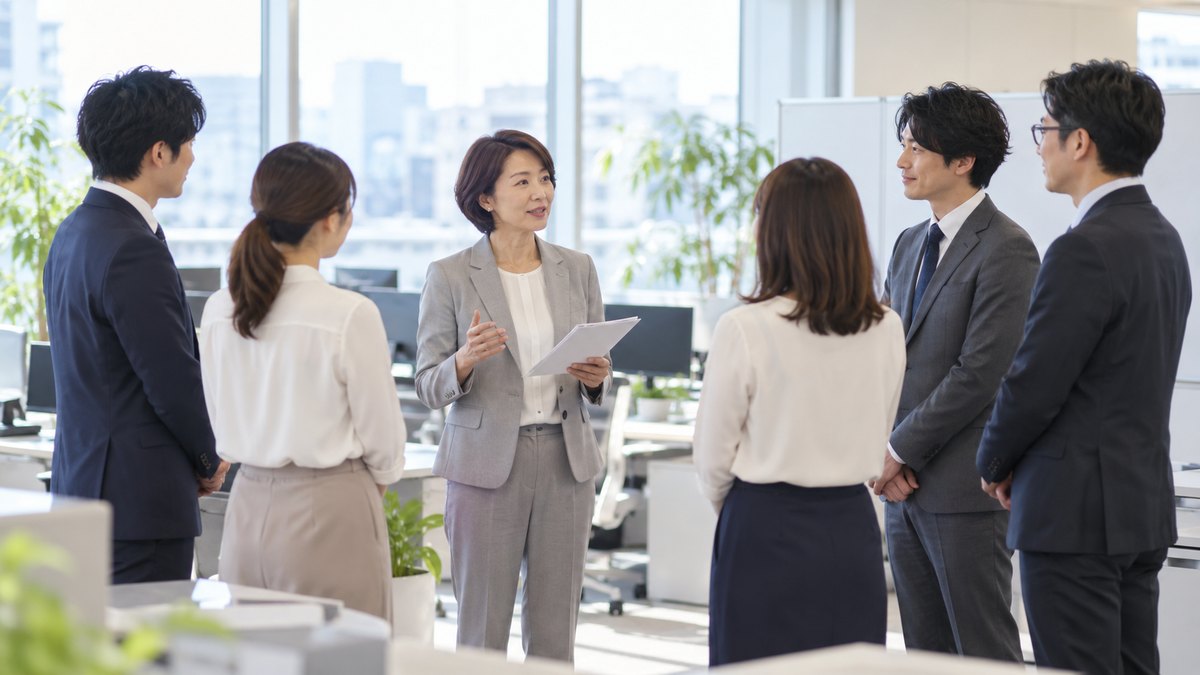 平日の朝、オフィスのフロアで立ったまま行う朝の打ち合わせで、50代の女性課長が手元のメモを持って短く話し、半円に立った20代から40代の社員5人がうなずきながら聞いている遠景。壁や資料に文字は見えない