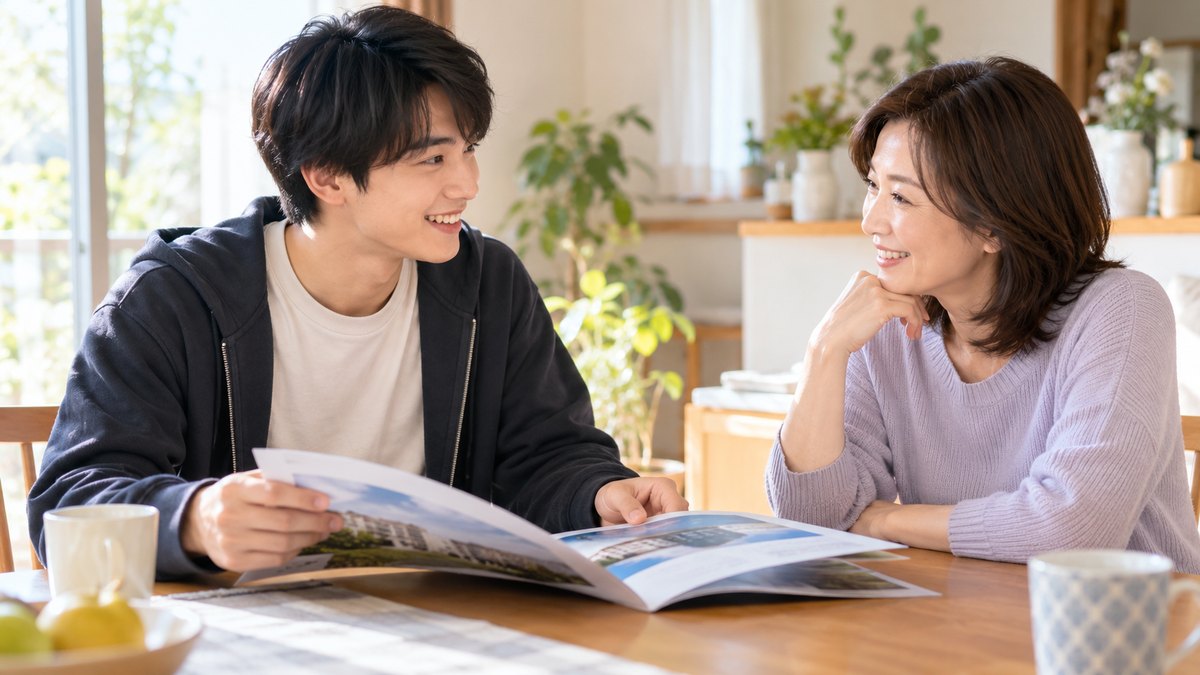 週末の昼、自宅の明るいダイニングテーブルで、20代前半の男子大学生が大学のパンフレットを広げ、向かいに座る50代の母親と笑顔で進路を話し合っている近景。パンフレットの文字は見えない